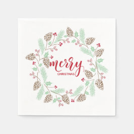 可愛い赤と緑のホリーとパインクリスマスリース スタンダードカクテルナプキン