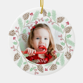 可愛い赤と緑の松とホリーリースクリスマス セラミックオーナメント