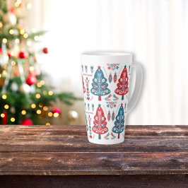 可愛い赤と青のクリスマスツリー北欧パターン カフェラテマグ