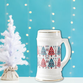 可愛い赤と青のクリスマスツリー北欧パターン ビールジョッキ