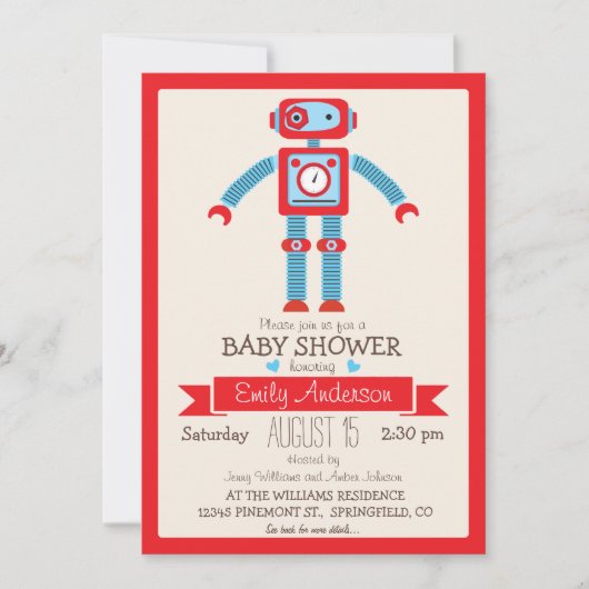 可愛い赤と青のヴィンテージロボット赤ちゃんシャワー 招待状 (正面)