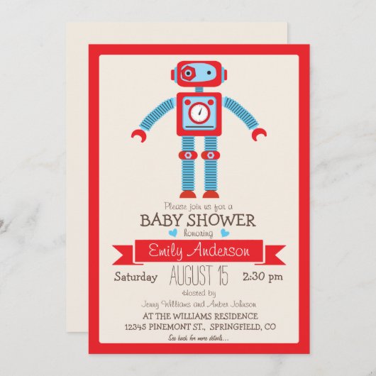 可愛い赤と青のヴィンテージロボット赤ちゃんシャワー 招待状 (正面/裏面)