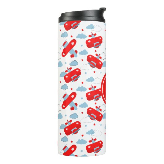 可愛い赤と青の飛行機と雲キッズモノグラム タンブラー (回転左)