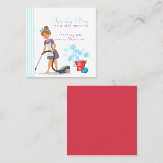 可愛い赤と青ストライプのの掃除サービス スクエア名刺 (正面/裏面)