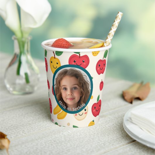 可愛い赤と黄色のさくらんぼカスタムの写真と名前 紙コップ (インサイチュ)