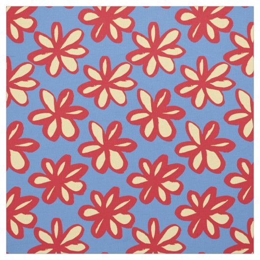 可愛い赤と黄色のデイジーオンユートピアンブルー ファブリック (見本)