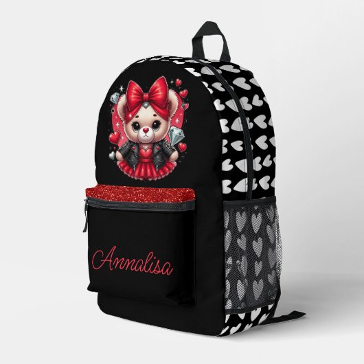 可愛い赤と黒のテディベアモトジャケットハート プリントバックパック (裏面右端)