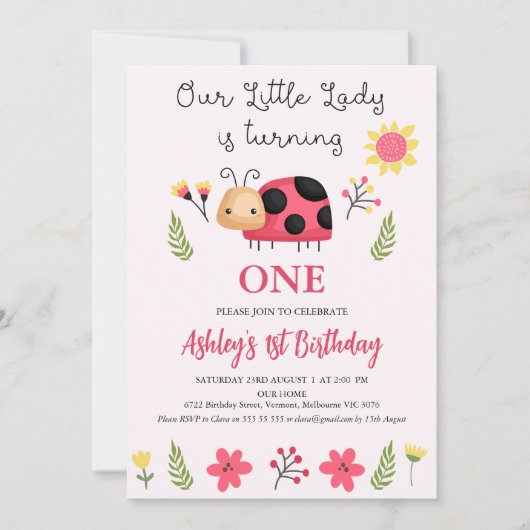 可愛い赤の黒私たちの小さなラディバグの最初の誕生日 招待状 (正面)