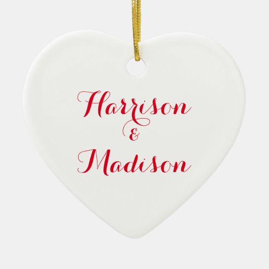 可愛い赤カスタム白ハートのスクリプトのカップルの名前 セラミックオーナメント (正面)