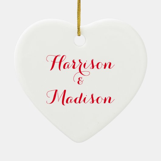 可愛い赤カスタム白ハートのスクリプトのカップルの名前 セラミックオーナメント (裏面)