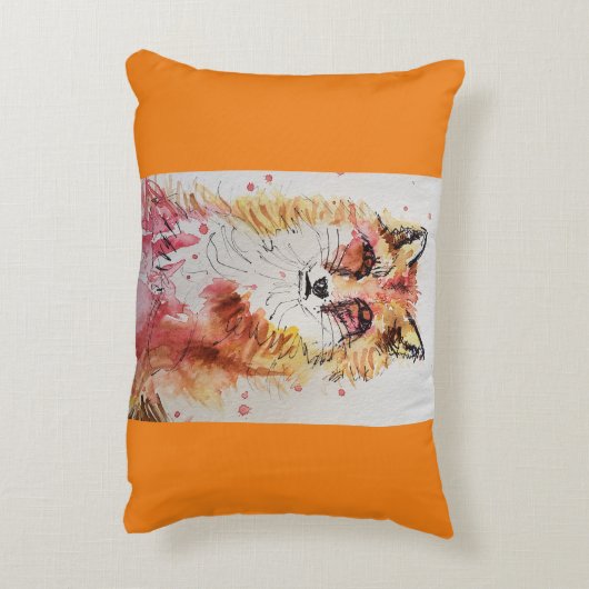 可愛い赤キツネ水色絵画のマグオレンジ アクセントクッション (裏面(縦))