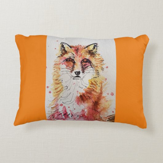 可愛い赤キツネ水色絵画のマグオレンジ アクセントクッション (裏面)