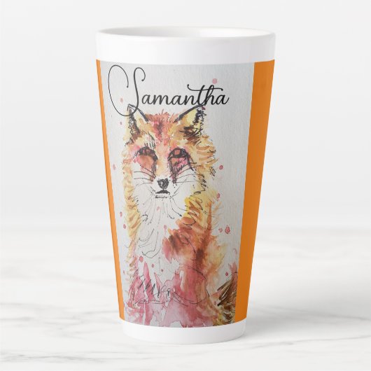 可愛い赤キツネ水色絵画のマグオレンジ カフェラテマグ (正面)