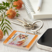 可愛い赤キツネ水色絵画のマグオレンジ キーホルダー (正面右)