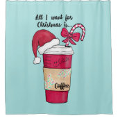 可愛い赤サンタハットコーヒーキャンディーケーンクリスマス シャワーカーテン (正面)