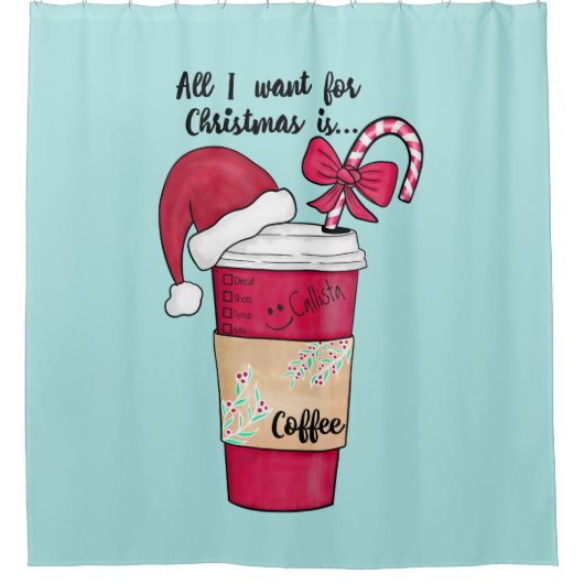 可愛い赤サンタハットコーヒーキャンディーケーンクリスマス シャワーカーテン (正面)
