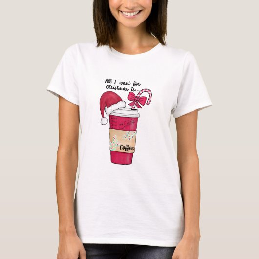 可愛い赤サンタハットコーヒーキャンディーケーンクリスマス Tシャツ (正面)