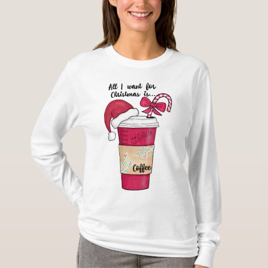 可愛い赤サンタハットコーヒーキャンディーケーンクリスマス Tシャツ (正面)