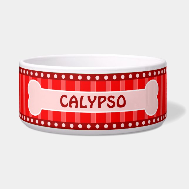 可愛い赤ストライプい子骨と前大きな犬鉢 ボウル (正面)