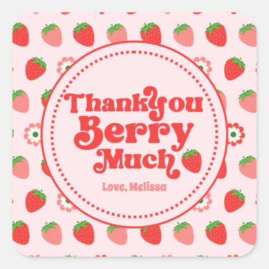 可愛い赤ピンクのイチゴありがとうベリー多く スクエアシール (正面)