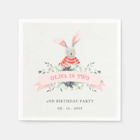 可愛い赤ピンクバニーの葉の任意の年齢誕生日 スタンダードカクテルナプキン (正面)