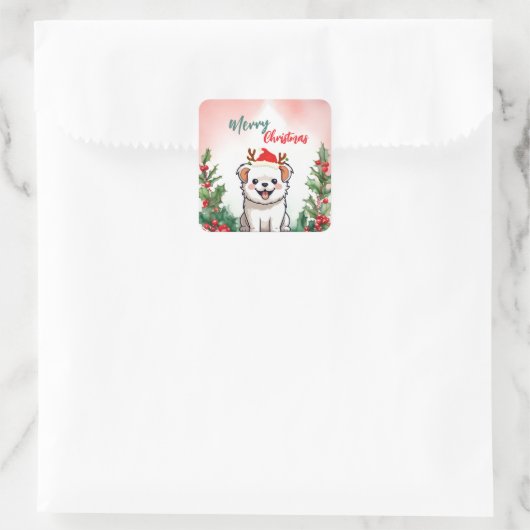 可愛い赤メリークリスマスドッグパピーサンタクリスマスパート スクエアシール (バッグ)