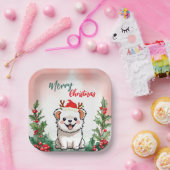 可愛い赤メリークリスマスドッグパピーサンタクリスマスパート ペーパープレート (パーティー)