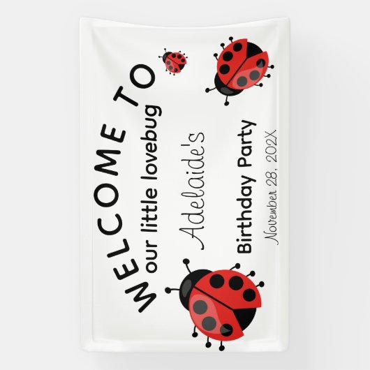 可愛い赤モダンいラブバグへようこそ誕生日 横断幕 (縦)