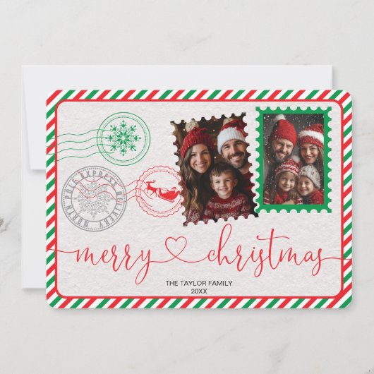 可愛い赤モダンと緑の写真メリークリスマス シーズンカード (正面)
