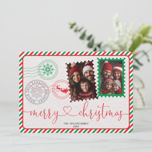 可愛い赤モダンと緑の写真メリークリスマス シーズンカード (スタンド正面)