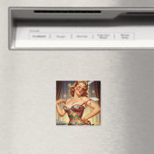 可愛い赤毛ピンアップガールと犬 マグネット (インサイチュ (食洗機))