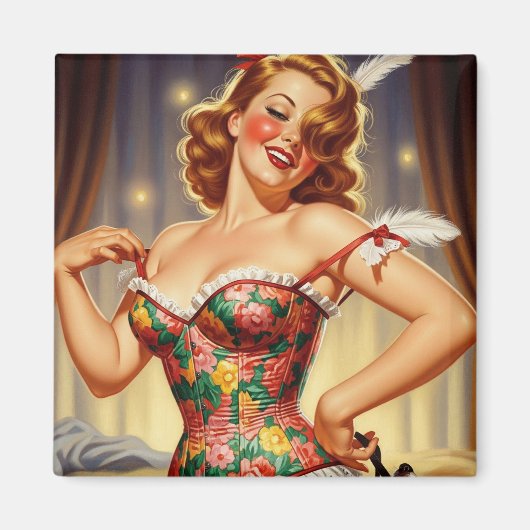 可愛い赤毛ピンアップガールと犬 マグネット (正面)