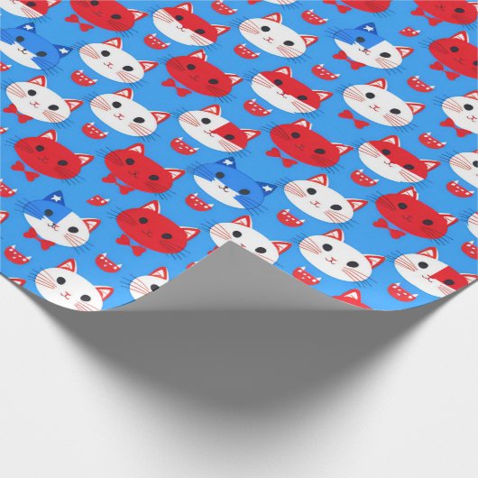 可愛い赤白青猫頭模様動物キッズ ラッピングペーパー (角)