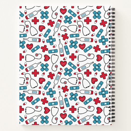 可愛い赤青メディカルパターンナース モノグラムの ノートブック (裏面)