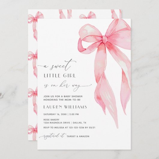 可愛い赤面ピンクコケットボウベビーガールシャワー 招待状 (正面/裏面)