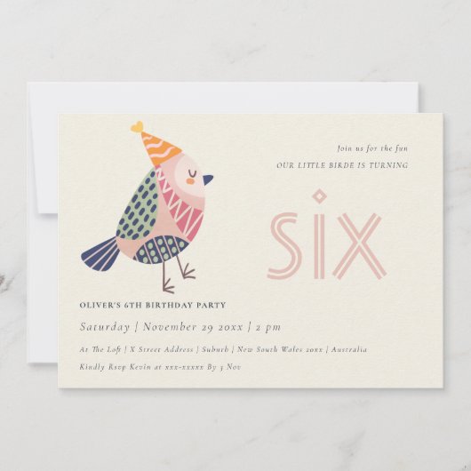 可愛い赤面ピンクバーディエイジエージ6位誕生日招待状 サンキューカード (正面)