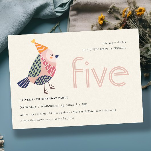 可愛い赤面ピンクバーディエイジ5誕生日招待状 サンキューカード