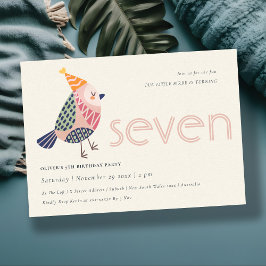 可愛い赤面ピンクバーディエイジ7誕生日招待状 サンキューカード