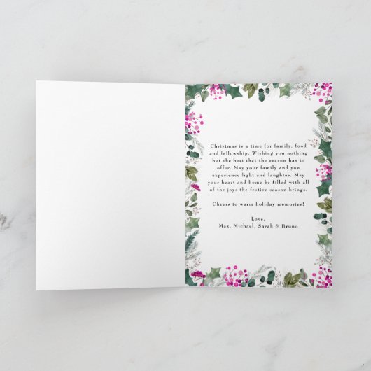 可愛い赤面ピンクベリー緑の木の緑の写真クリスマス カード (内部)