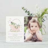 可愛い赤面ピンク金ゴールド冬そりの写真誕生日 サンキューカード (スタンド正面)