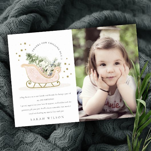 可愛い赤面ピンク金ゴールド冬そりの写真誕生日 サンキューカード