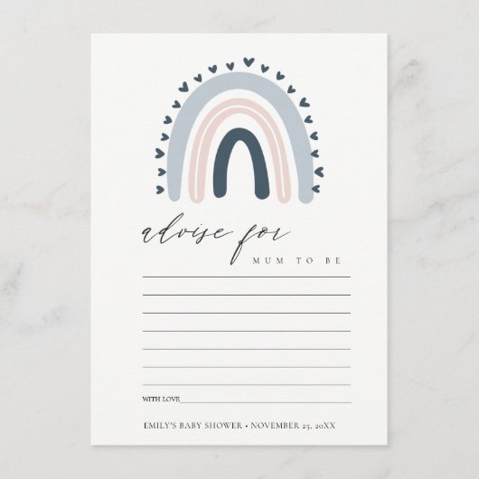 可愛い赤面ブルーハートレインボーアドバイスベビーシャワー エンクロージャーカード (正面)