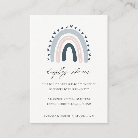 可愛い赤面ブルーハートレインボーディスプレイ赤ちゃんシャワー エンクロージャーカード (正面)