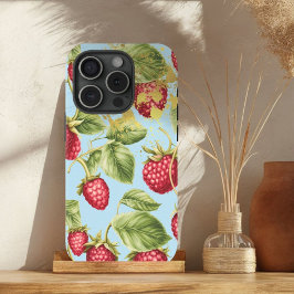 可愛い赤、パステルブルーと金ゴールドラズベリーフルーツ iPhone 15ケース