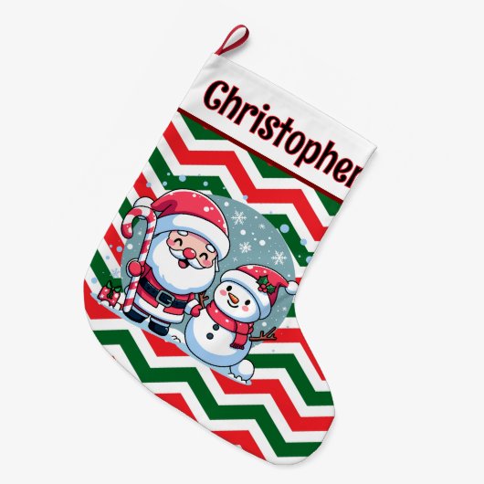 可愛い赤、緑、白シェブロンサンタと雪だるま ラージクリスマスストッキング (正面 (吊り時))