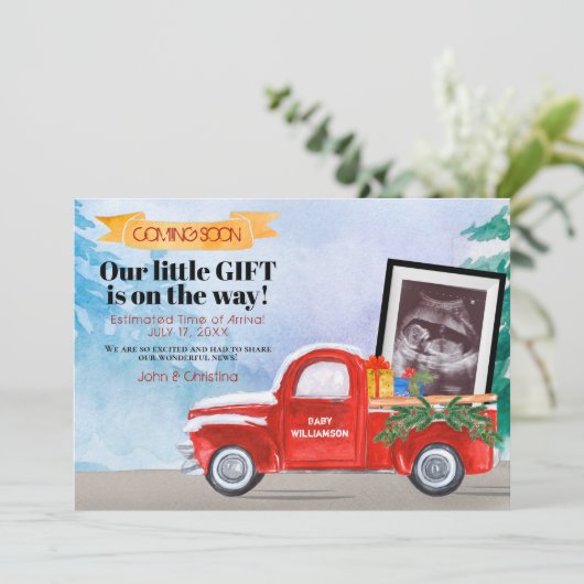 可愛い超音波写真レッドクリスマストラックベビー 案内状 (スタンド正面)