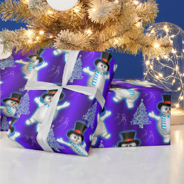 可愛い踊り雪だるまオンブルークリスマス ラッピングペーパー