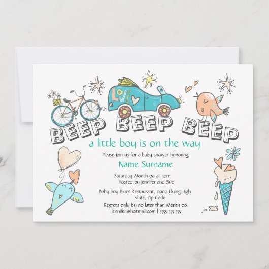 可愛い車の赤ちゃんシャワー輸送旅行ブルーのオレンジ 招待状 (正面)