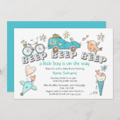 可愛い車の赤ちゃんシャワー輸送旅行ブルーのオレンジ 招待状 (正面/裏面)