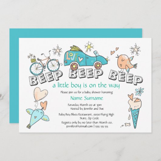 可愛い車の赤ちゃんシャワー輸送旅行ブルーのオレンジ 招待状 (正面/裏面)